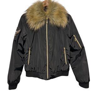 Y2K URBANOLOGY | Black Faux Fur Trim Bomber Jacket | M | Biker Girlfriend | Moto